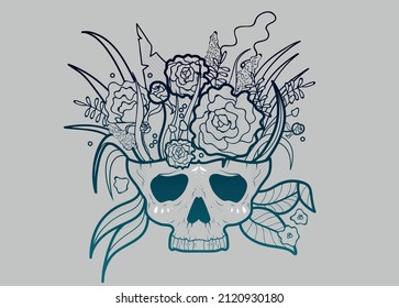 Scull with flowers. Happy Halloween, Dia de los muertos, T-shirt print design or sticker