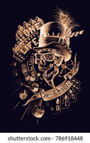 Scull in hat vector hand drawn composition, one life one chance, gold on black, gambling and luck