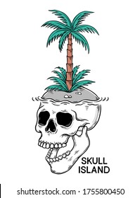 Scull island illustration with a palm tree. Vector graphic for t shirt prints, posters and other uses.