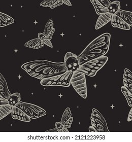 Scull pattern. Butterfly. Moth. Black magic seamless pattern. Hand engraved tattoo style illustration Spooky night gothic witchcraft