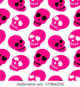 Scull pattern. Pink skulls on a white background.Vector illustration of a skull. Bright and fashionable design for Halloween, Day of the dead, tattoos, prints