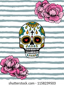 Scull and peonies hand drawn vintage style illustration. Mexican Day of the Dead design template. Trendy floral and scull t-shirt and print vector illustration.
