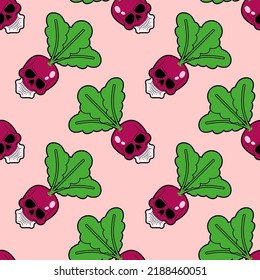 Scull Radish pattern seamless. skeleton head vegetable garden plant background