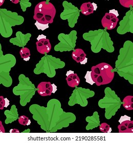 Scull Radish pattern seamless. skeleton head vegetable garden plant background