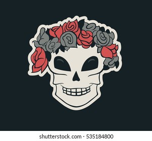 Scull with roses crown on head. Vector illustration