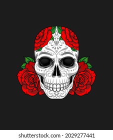 Scull and roses. Day of The Dead colorful Skull with floral ornament. Halloween, Dia de los muertos, Mexican sugar skull, T-shirt print design