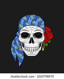 Scull and roses. Day of The Dead colorful Skull with ornament. Halloween, Dia de los muertos, Mexican sugar skull, T-shirt print design