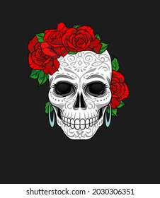 Scull and roses. Day of The Dead colorful Skull with ornament. Halloween, Dia de los muertos, Mexican sugar skull, T-shirt print design