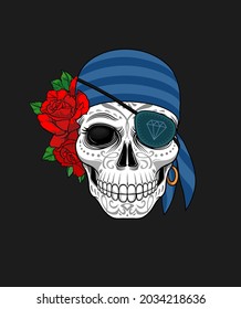 Scull and roses. Day of The Dead colorful Skull with ornament. Halloween, Dia de los muertos, Mexican sugar skull, T-shirt print design, Poster