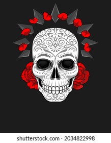 Scull and roses. Day of The Dead colorful Skull with ornament. Halloween, Dia de los muertos, Mexican sugar skull, T-shirt print design, Poster