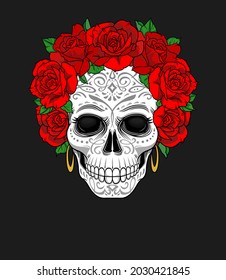 Scull and roses, head wreath. Day of The Dead colorful Skull with ornament. Halloween, Dia de los muertos, Mexican sugar skull, T-shirt print design.