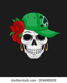 Scull and roses. Skull with ornament. Halloween, Dia de los muertos, sugar skull, T-shirt print design, Poster, Sticker, badge, banner, mag, Day of The Dead.