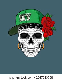  Scull and roses. Skull with ornament. Halloween, Dia de los muertos, sugar skull, T-shirt print design, Poster, Sticker, badge, banner, mag, Day of The Dead.