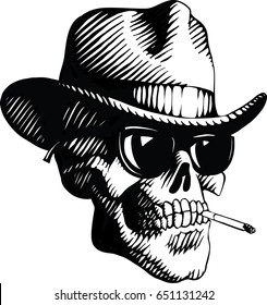 Scull spectacled and in a hat. Isolated. Vector illustration