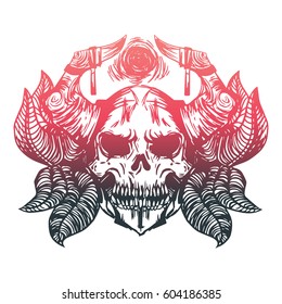 Scull tattoo art with horns and leaves vector illustration.  Alchemy, occultism, spirituality and esoteric art. Hand-drawn vintage linear. T-shirt design, Tattoo art, pins, badges and stickers.