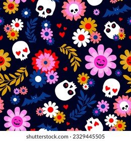 Sculls with colorful flowers and red heart on dark blue background. Seamless pattern foe Halloween or Day of the Dead