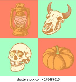 Sculls, pumpkin and lamp, Halloween vintage set