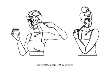 vetor de maquiagem de contorno de esculpir. misturar cinzel, sombra iluminar, realçar maçãs do rosto esculpir contorno personagem de maquiagem. pessoas linha preta lápis desenho ilustração