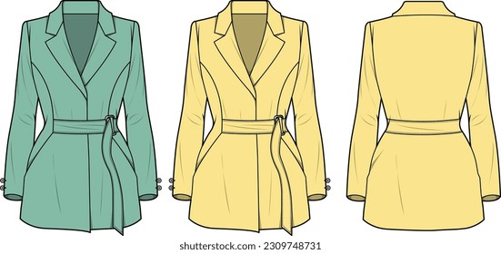 Sculpted blazer front and back flat sketch technical drawing vector illustration template