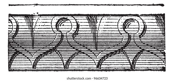 Rayos esculpidos de diseño cardíaco o cardíaco sobre molduras ornamentales, ilustración vintage grabada. Diccionario de palabras y cosas - Larive y Fleury - 1895.