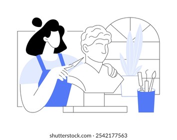 Esculpindo ilustrações isoladas de vetor de desenhos animados. Mulher sorridente faz uma escultura de busto, modelagem de argila, ideia de hobby criativo, atividades práticas, trabalho em um estúdio, elaboração de desenhos animados vetoriais.