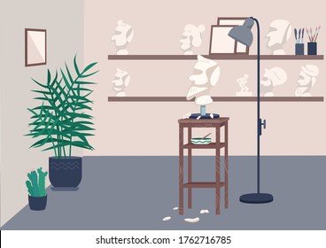 Sculpting Studio Flat Color Vector Illustration. Workshop On Carving Marble. Equipment For Creative Hobby And Craftsmanship. Artist Workplace 2D Cartoon Interior With Decoration On Background