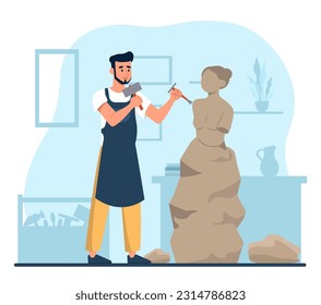 Sculptor with bust at studio concept. Man with hammer and chisel knocks out figure of woman. Tyranny and art. Art object for gallery, exhibition or museum. Cartoon flat vector illustration