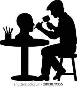 Sculptor carving human head bust silhouette, artist creating stone statue with mallet and chisel, craftsman workshop, isolated white background