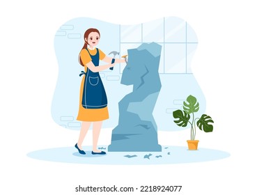 Ein Bildhauer trägt Skulptur zu einem Werk und wird im Museum auf flachen Cartoon handgezeichnete Vorlagen Illustration.