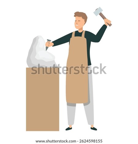 Sculptor chiseling stone block with hammer and chisel creating sculpture