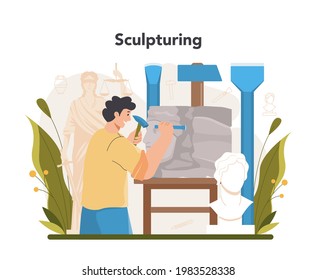 Sculptor concept. Creating sculpture of the marble, wood and clay. Creative ceramist, sculpting decoration modeling. Art and hobby. Flat vector illustration