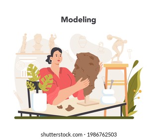 Sculptor concept. Creating sculpture of the marble, wood and clay. Creative ceramist, sculpting decoration modeling. Art and hobby. Flat vector illustration