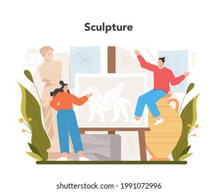 Sculptor concept. Creating sculpture of the marble, wood and clay. Creative ceramist, sculpting decoration modeling. Art and hobby. Flat vector illustration