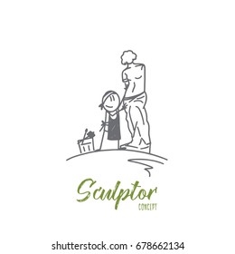 Sculptor concept. Hand drawn sculptor cuts stone sculpture. Smiling person makes art work from stone isolated vector illustration.