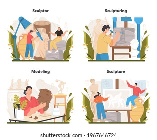 Sculptor concept set. Creating sculpture of the marble, wood and clay.