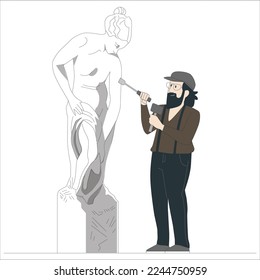 Sculptor creating stone bust, sculpting with chisel. Creative artisan making head sculpture. Modern craftsman with statue at work process. Flat vector illustration of Sculpture creation process