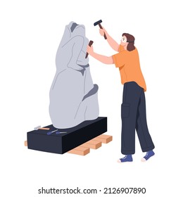 Sculptor creating stone statue, great sculpture. Artisan sculpting with tools. Creative craftsman making, carving smth with hammer and chisel. Flat vector illustration isolated on white background