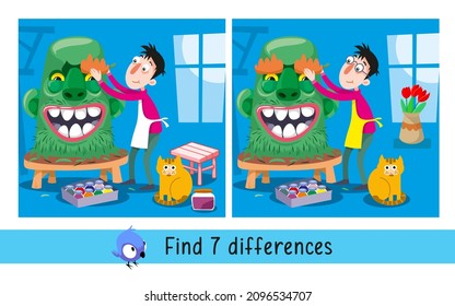 Sculptor decorator sculpts monster. Find 7 differences. Game for children. Activity, vector.