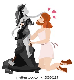 Sculptor and his create. Creative profession. Relationship. Myths of Ancient Greece. Vector illustration.