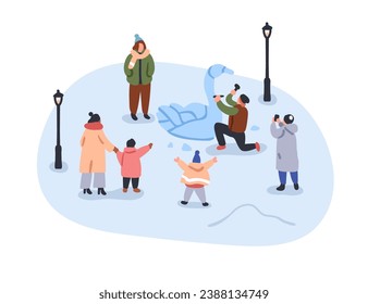 Escultor haciendo escultura de hielo, tallando estatua de cisne congelado en las frías vacaciones de invierno. Gente viendo artesanos y nevadas al aire libre en la calle. Ilustración vectorial plana aislada en fondo blanco