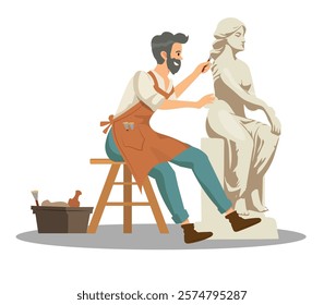 sculptor man creating a statue, renaissance artist. vector illustration.