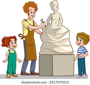 Sculptor Man and kids vector Illustration