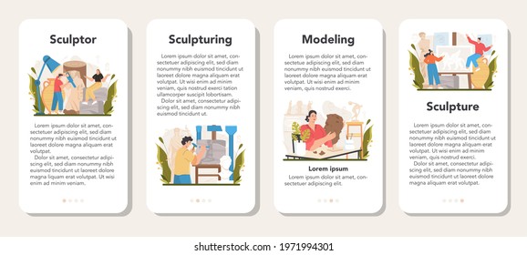 Sculptor mobile application banner set. Creating sculpture of the marble, wood and clay. Creative ceramist, sculpting decoration modeling. Art and hobby. Flat vector illustration
