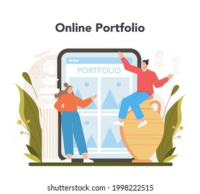 Sculptor online service or platform. Creating sculpture of the materials. Creative ceramist, sculpting decoration modeling. Online portfolio. Flat vector illustration