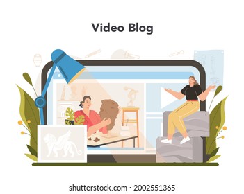Bildhauer Online-Service oder Plattform. Erstellen von Skulpturen der Materialien. Kreativer Keramikkünstler, Modellierung der Bildhauerei. Video-Blog. Flache Vektorgrafik