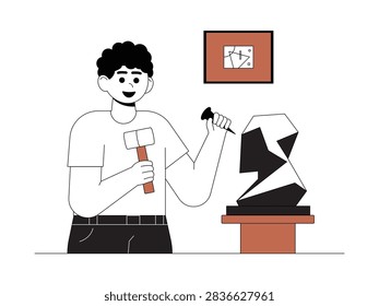 Sculptor sculpting a geometric bust using a mallet and chisel.