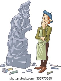 The sculptor is thinking  about something  in front of his self portrait made in stone.