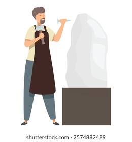 Sculptor wearing an apron is carving a stone sculpture with a hammer and chisel