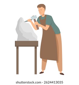 Sculptor wearing an apron is carving a stone sculpture using a hammer and chisel