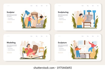 Sculptor web banner or landing page set. Creating sculpture of the marble, wood and clay. Creative ceramist, sculpting decoration modeling. Art and hobby. Flat vector illustration